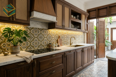 Tủ bếp phong cách Indochine Đông Dương sang trọng mộc mạc thi công giá xưởng tại TPHCM