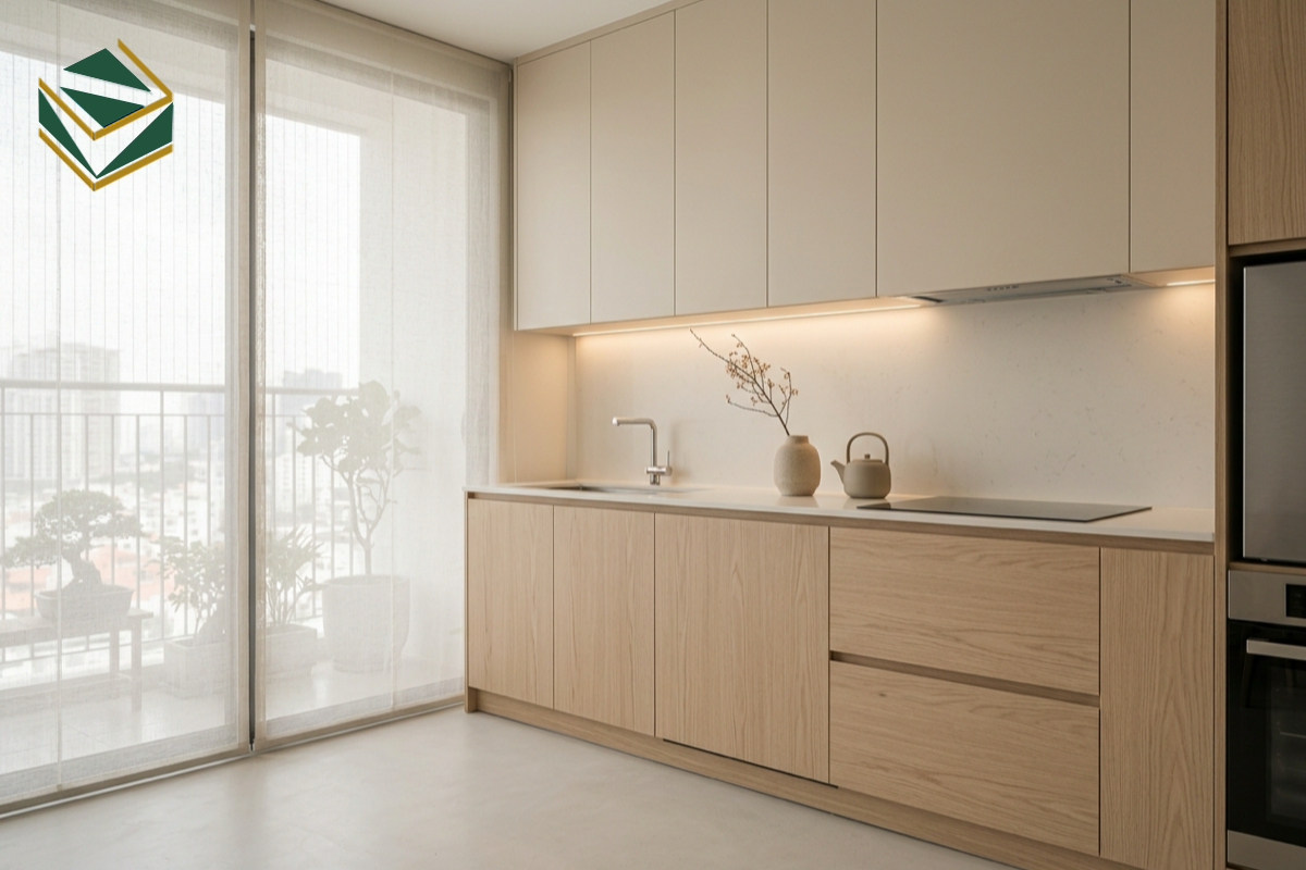 Tủ bếp phong cách Japandi tối giản mộc mạc tinh tế thi công giá xưởng tại TPHCM