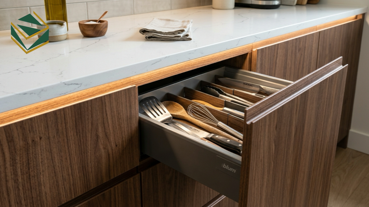 Chi tiết bề mặt laminate An Cường và ngăn kéo Blum giảm chấn