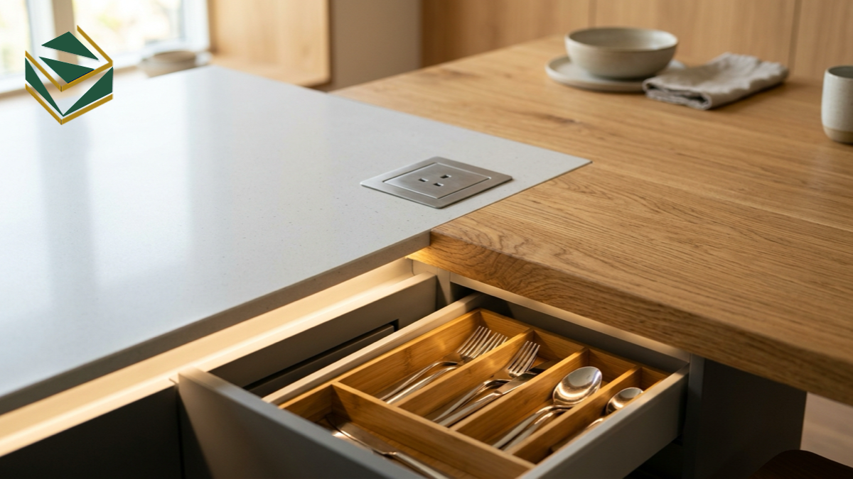 Chi tiết góc kết nối giữa mặt đá tủ bếp chữ L và bàn ăn gỗ thông minh kèm phụ kiện Blum
