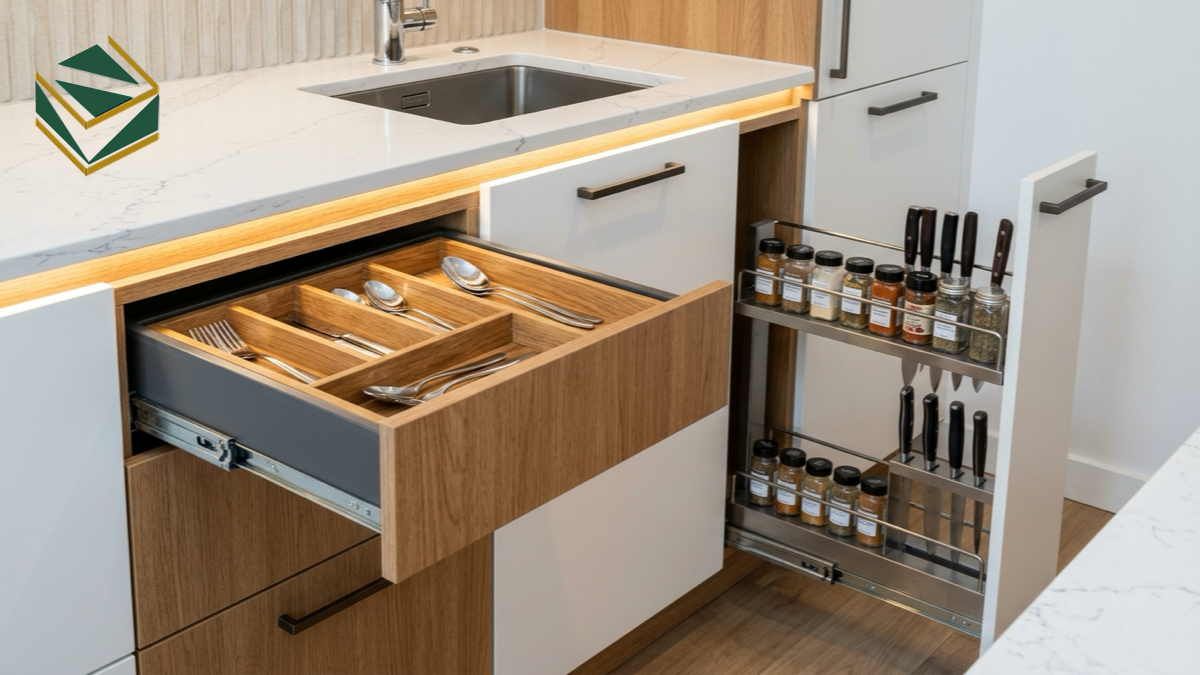 Chi tiết phụ kiện ngăn kéo tủ bếp chung cư thông minh