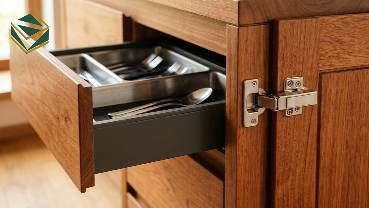 Chi tiết vân gỗ xoan đào tự nhiên và phụ kiện Blum cao cấp