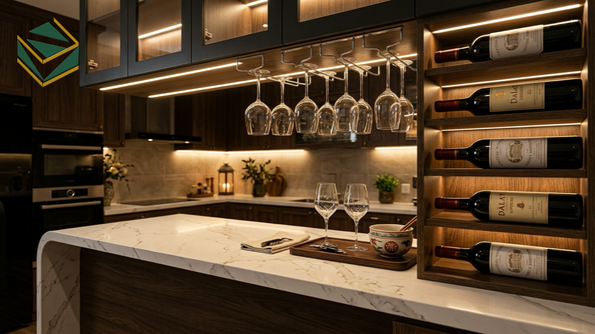 Chi tiết giá treo ly rượu vang và tủ rượu cánh kính đèn led quầy bar sang trọng