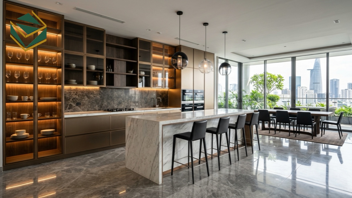 Mẫu bếp cánh kính liền bàn đảo đẳng cấp biệt thự TPHCM