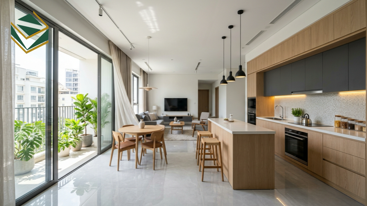 Mẫu bếp chung cư liền phòng khách thoáng đãng TPHCM