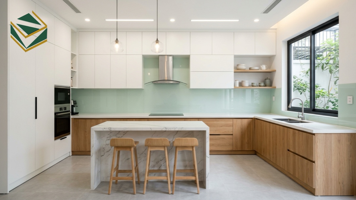 Mẫu tủ bếp nhựa PVC chữ L kết hợp bàn đảo hiện đại TPHCM