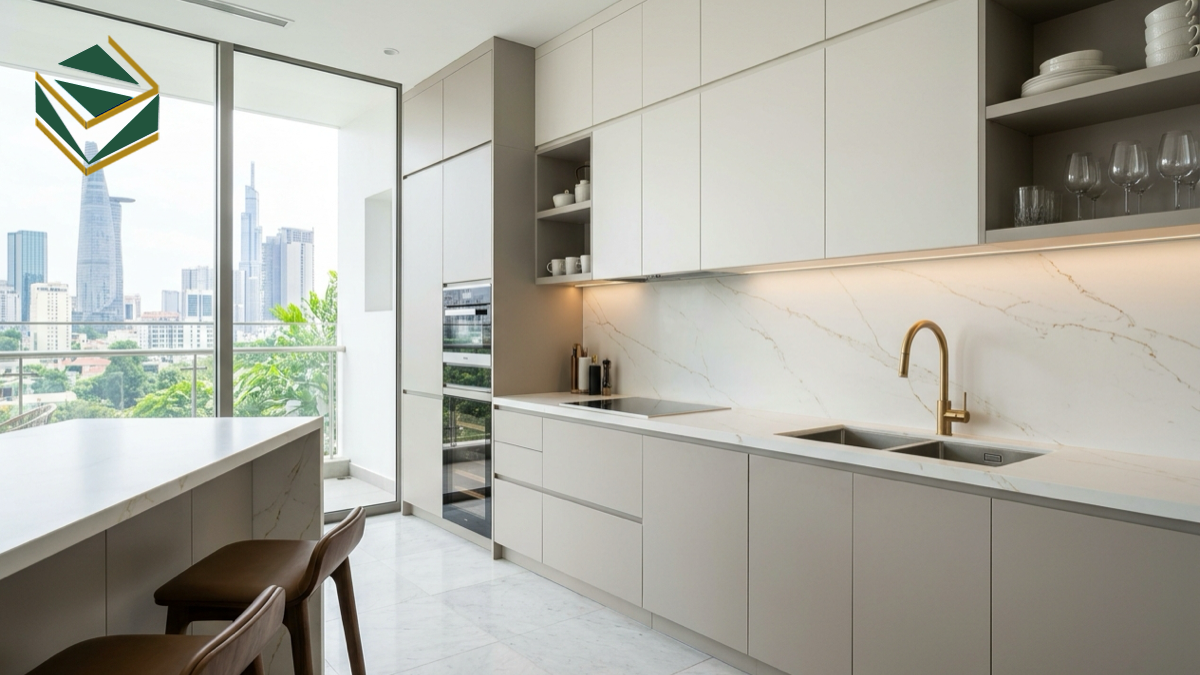 Mẫu bếp sơn 2K liền bàn đảo sang trọng căn hộ TPHCM
