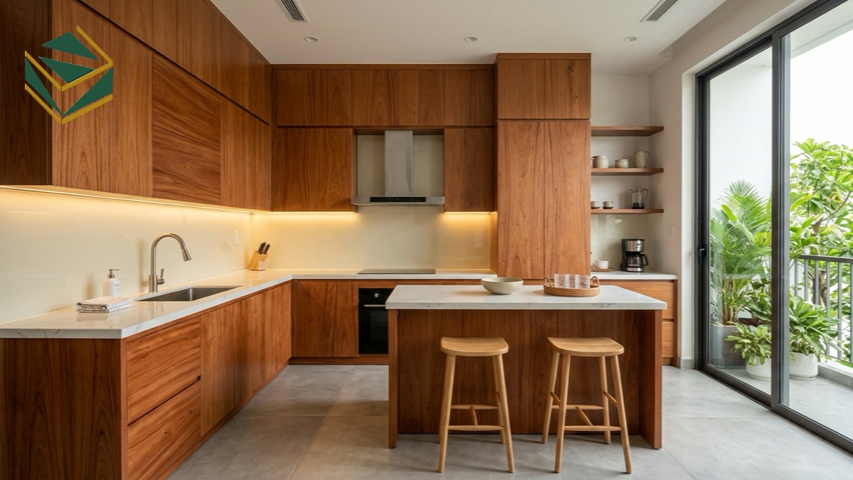 Mẫu tủ bếp gỗ xoan đào chữ L ấm cúng cho nhà phố TPHCM