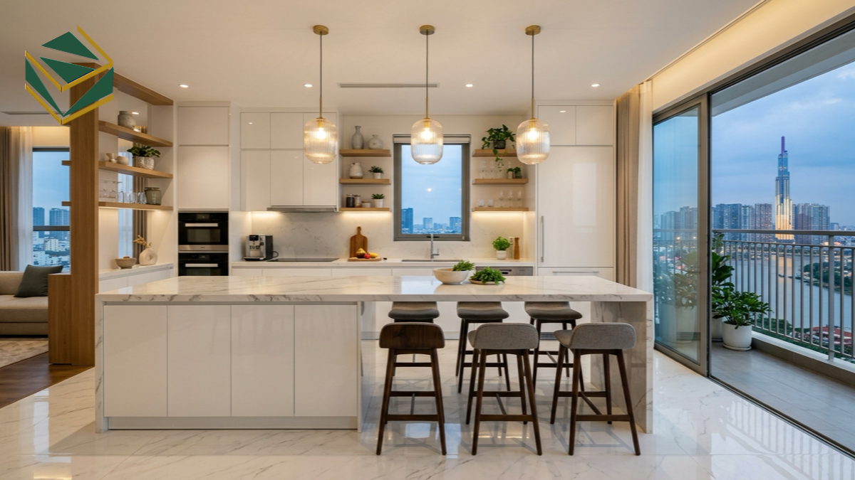 Mẫu thiết kế tủ bếp kết hợp bàn đảo sang trọng cho nhà phố căn hộ TPHCM