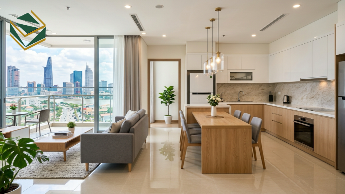 Toàn cảnh không gian tủ bếp chữ L liền bàn ăn hiện đại trong căn hộ chung cư tại TPHCM