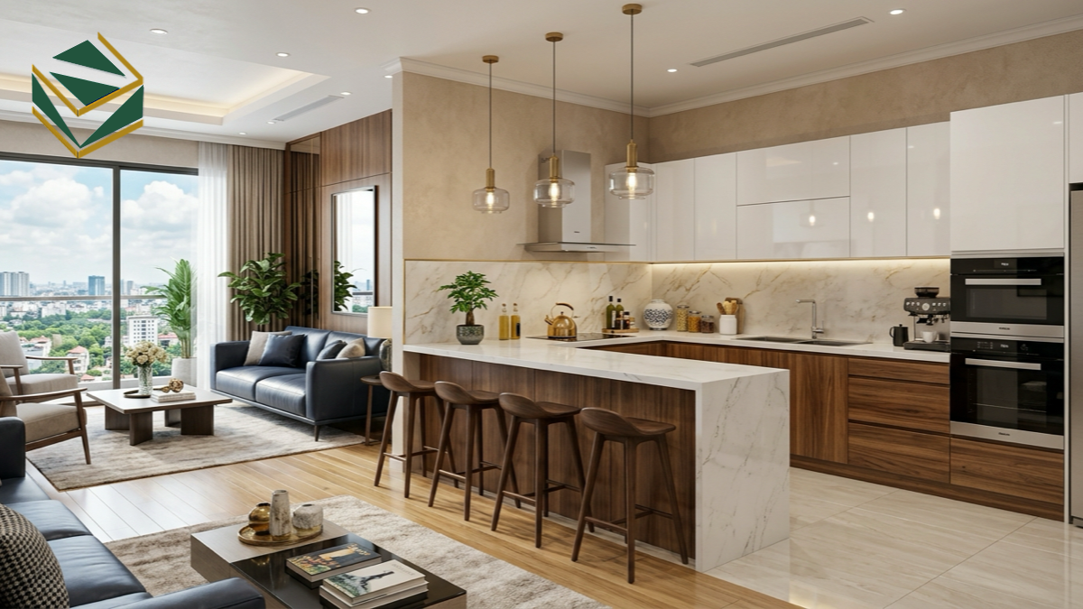 Không gian tủ bếp chữ L có quầy bar ngăn phòng khách cho căn hộ cao cấp TPHCM